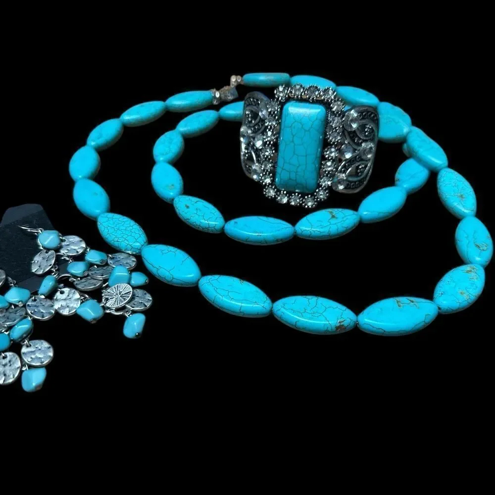 Handmade Turquoise Stone 36” Necklace + Rhinestone Clamper + Earrings